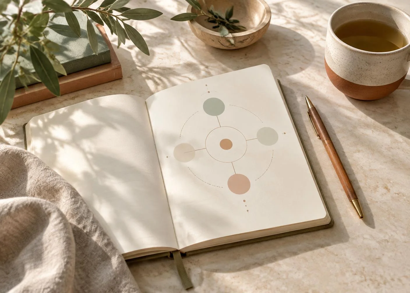 Carnet ouvert et tasse dans une ambiance calme pour préparer une lecture Design Humain en visio